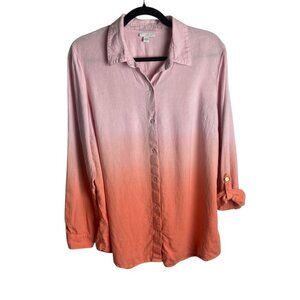 J Jill Size M Button Up Blouse Top Pink Orange Ombre Roll Tab Sleeves Linen